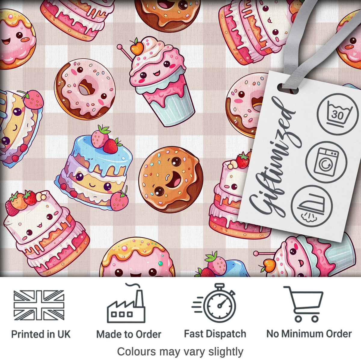 Cute Kawaii Donut Cake Dessert Beige Gingham Seamless Pattern Digital Print Fabric by the Metre UK Sewing Quilting Textile