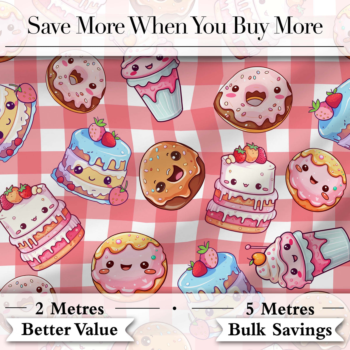 Cute Kawaii Donut Cake Dessert Red Gingham Seamless Pattern Digital Print Fabric by the Metre UK Sewing Quilting Textile