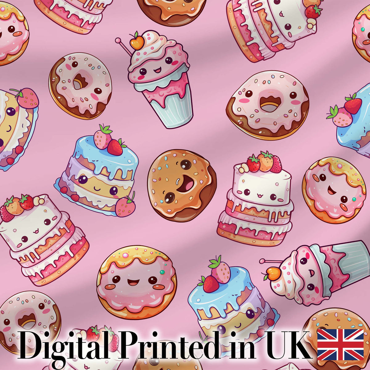 Cute Kawaii Donuts Cakes Desserts Blush Pink Background Seamless Pattern Digital Print Fabric by the Metre UK Sewing Quilting Textile