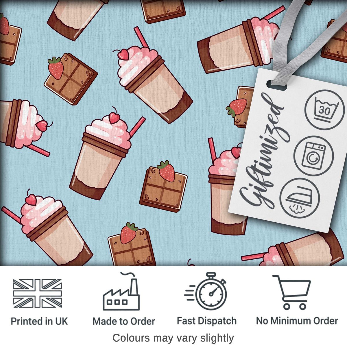 Cute Chocolate Strawberry Milkshake Blue Background Seamless Pattern Digital Print Fabric by the Metre UK Sewing Quilting Textile