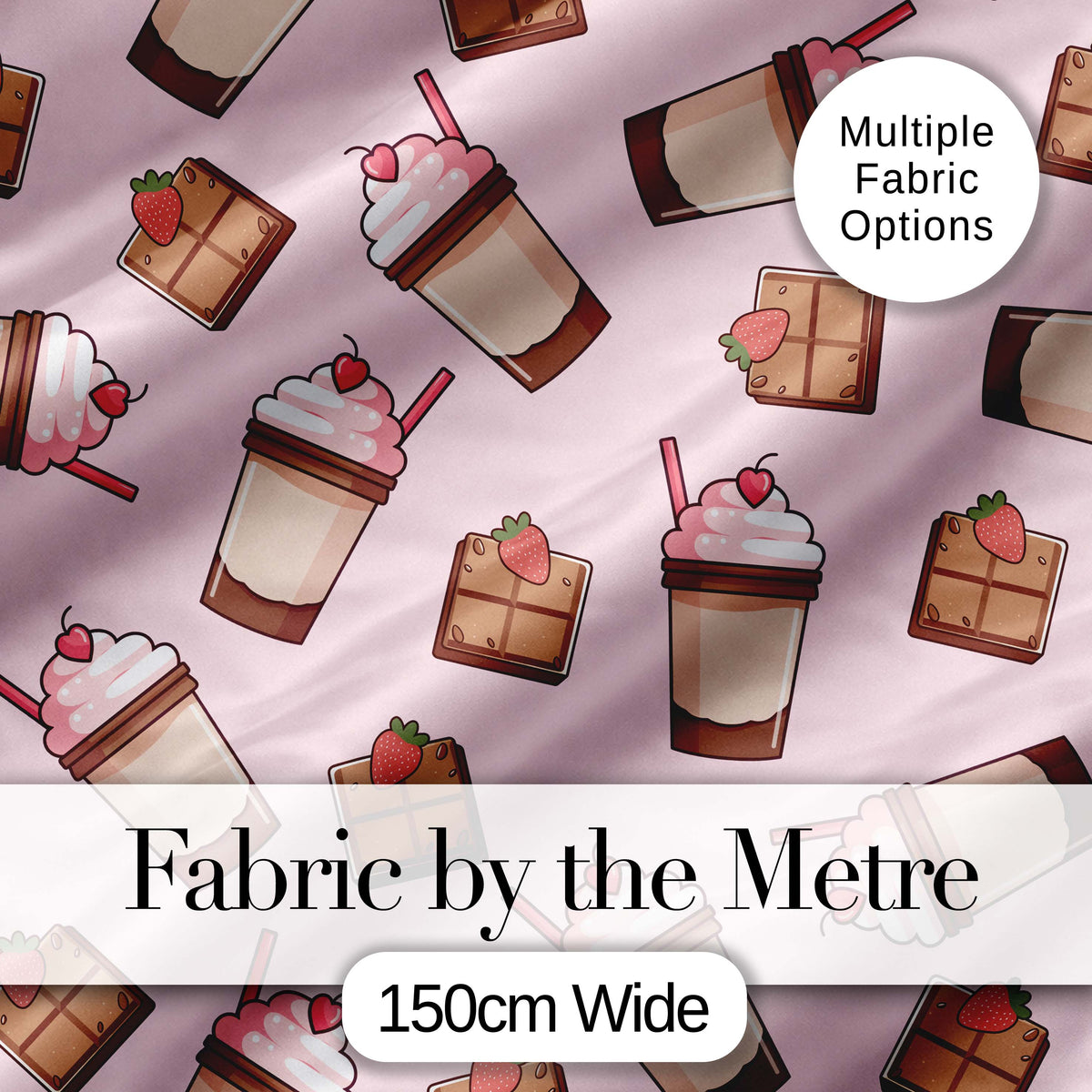 Cute Chocolate Strawberry Milkshake Soft Pink Background Seamless Pattern Digital Print Fabric by the Metre UK Sewing Quilting Textile