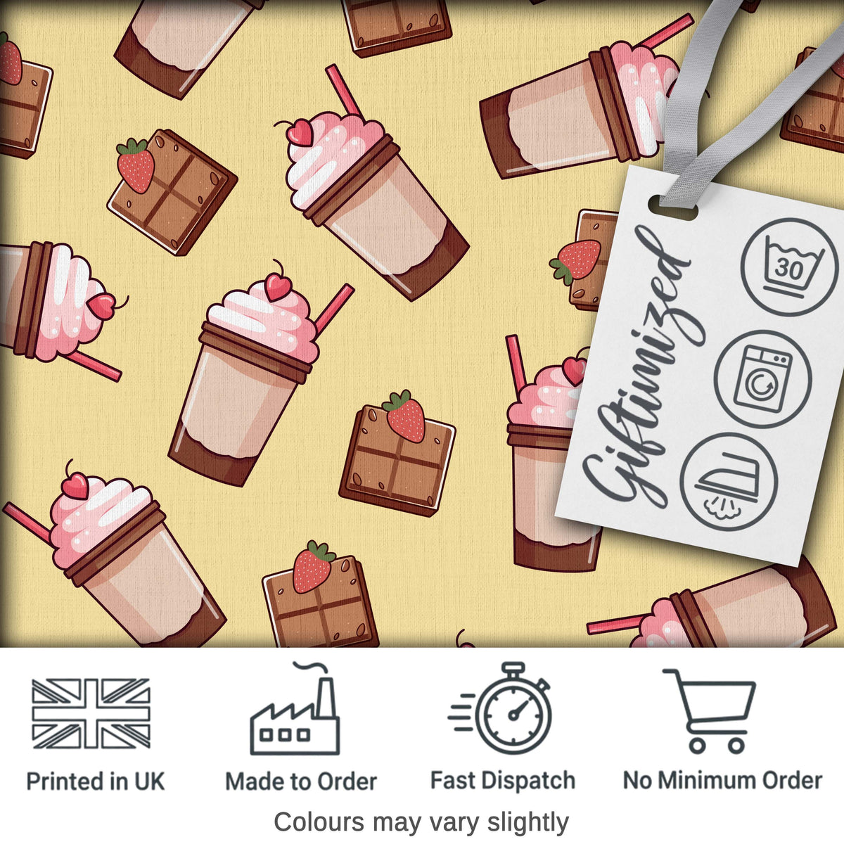 Cute Chocolate Strawberry Milkshake Yellow Background Seamless Pattern Digital Print Fabric by the Metre UK Sewing Quilting Textile