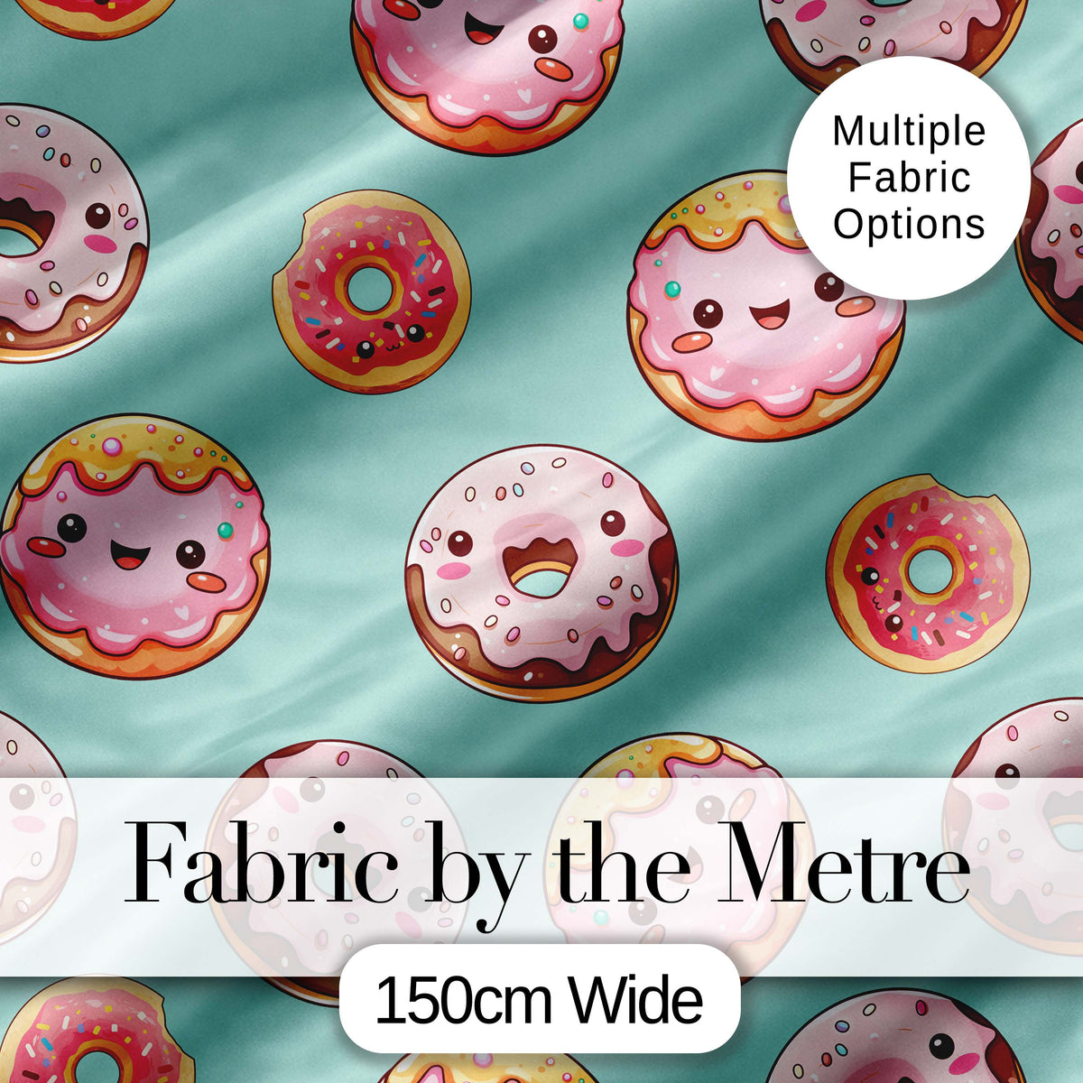 Cute Kawaii Donuts with Pink Icing Mint Green Background Seamless Pattern Digital Print Fabric by the Metre UK Sewing Quilting Textile
