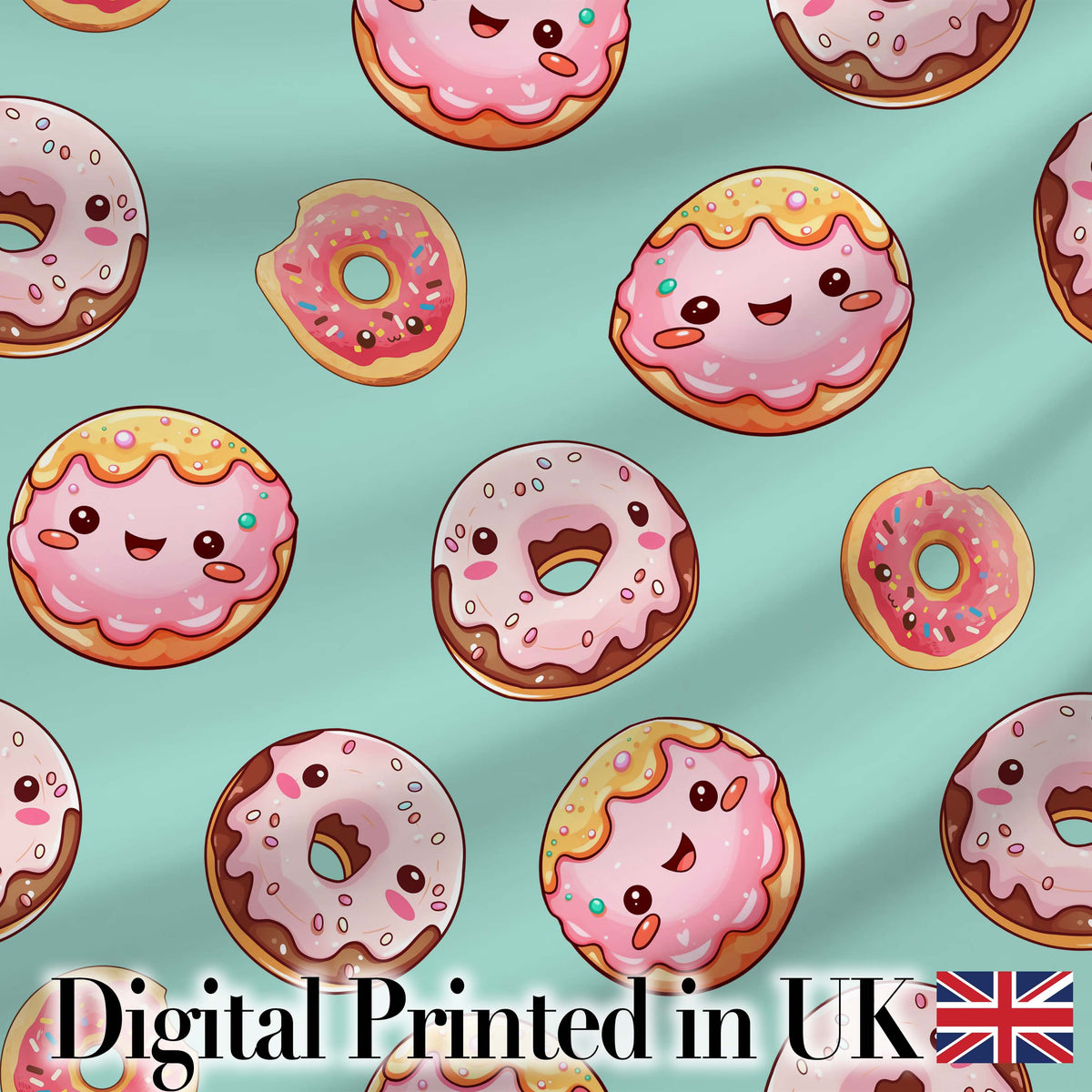 Cute Kawaii Donuts with Pink Icing Mint Green Background Seamless Pattern Digital Print Fabric by the Metre UK Sewing Quilting Textile
