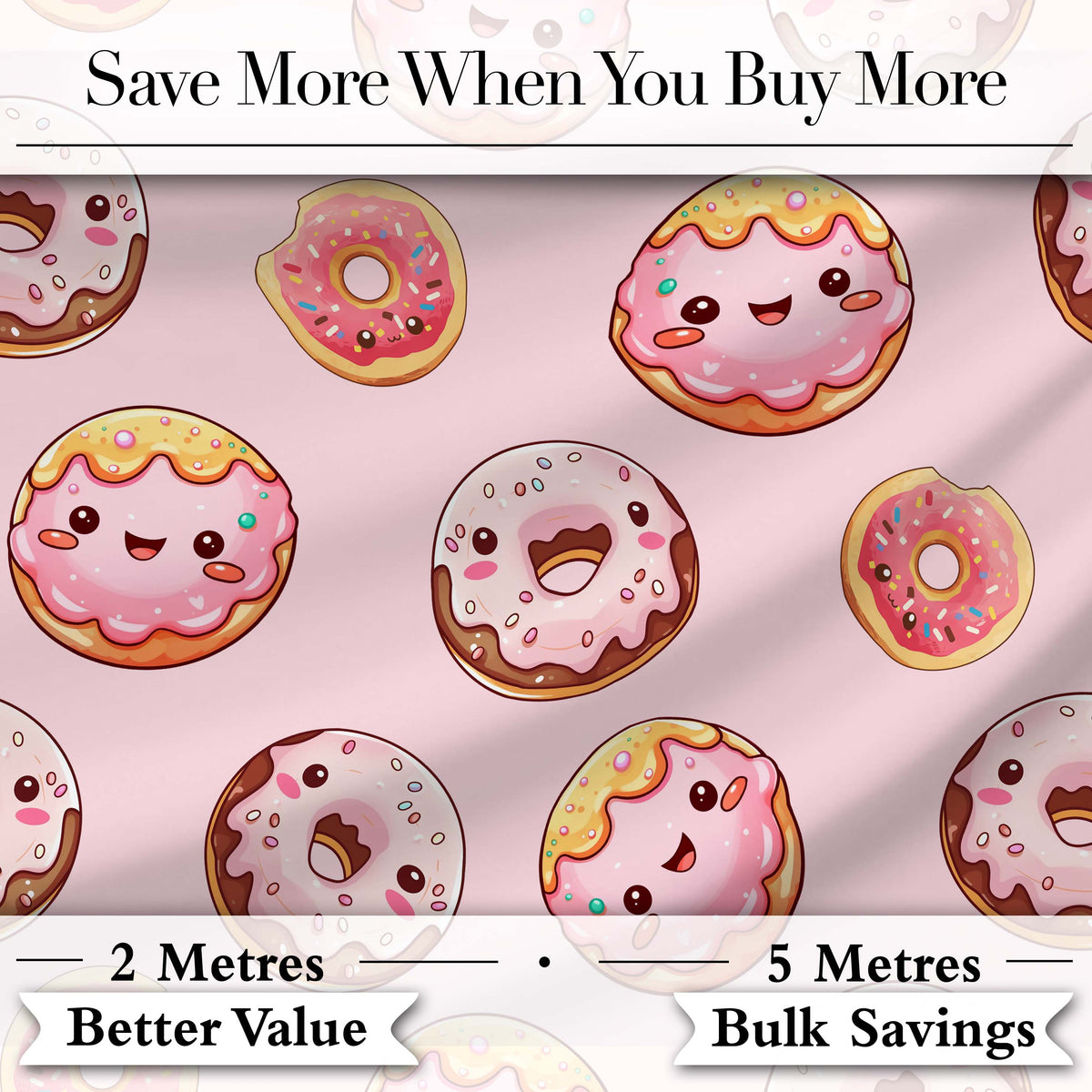 Cute Kawaii Donuts with Pink Icing Soft Pink Background Seamless Pattern Digital Print Fabric by the Metre UK Sewing Quilting Textile