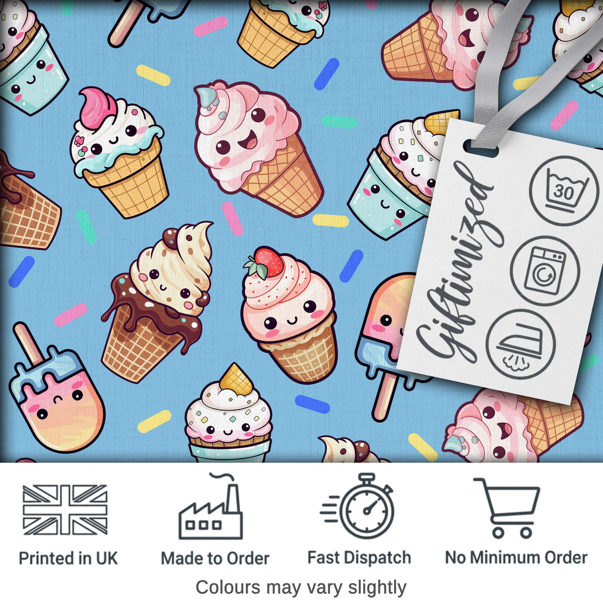 Cute Kawaii Ice Cream Desserts on Blue Background Seamless Pattern Digital Print Fabric by the Metre UK Sewing Quilting Textile