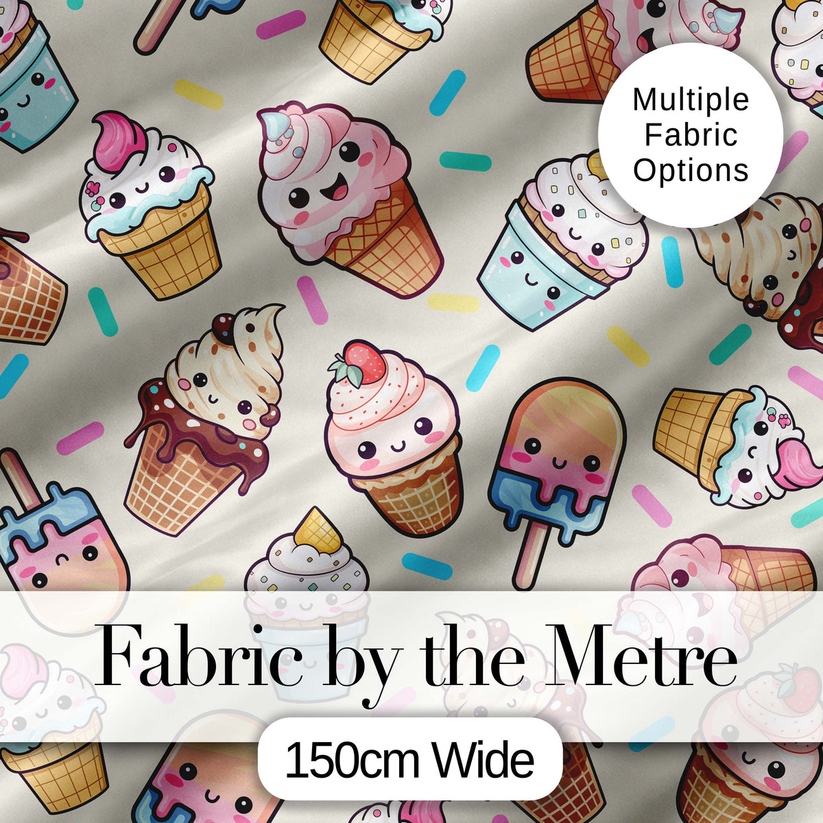 Cute Kawaii Ice Cream Desserts on Cream Background Seamless Pattern Digital Print Fabric by the Metre UK Sewing Quilting Textile