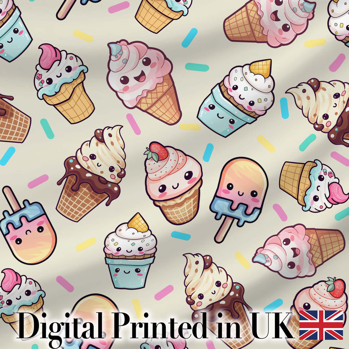 Cute Kawaii Ice Cream Desserts on Cream Background Seamless Pattern Digital Print Fabric by the Metre UK Sewing Quilting Textile