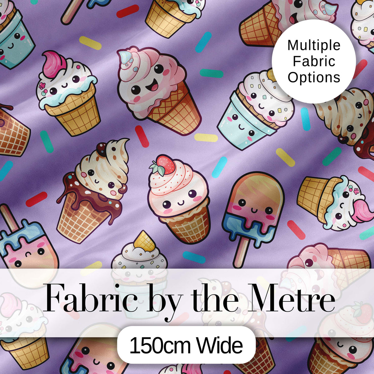 Cute Kawaii Ice Cream Desserts on Purple Background Seamless Pattern Digital Print Fabric by the Metre UK Sewing Quilting Textile