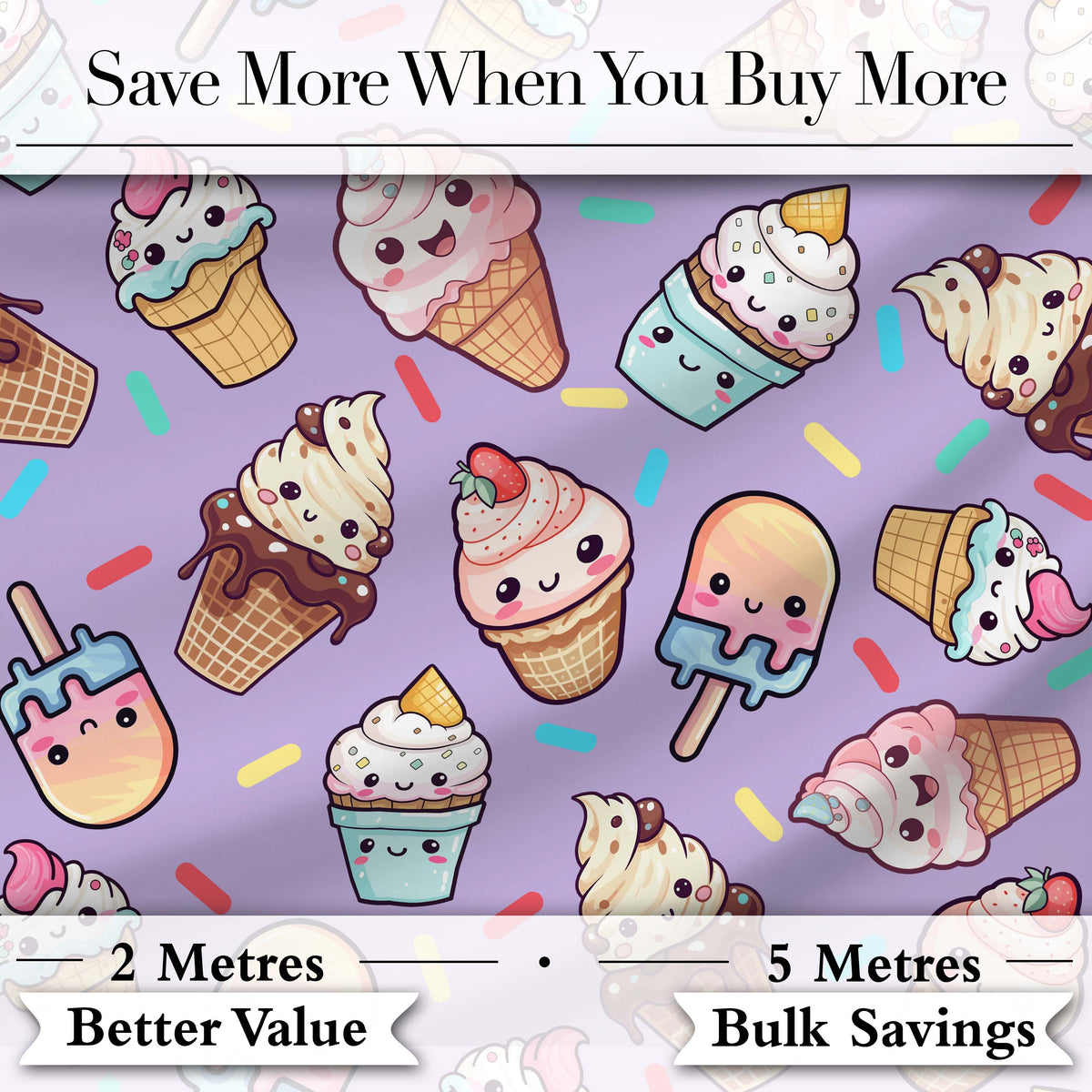 Cute Kawaii Ice Cream Desserts on Purple Background Seamless Pattern Digital Print Fabric by the Metre UK Sewing Quilting Textile