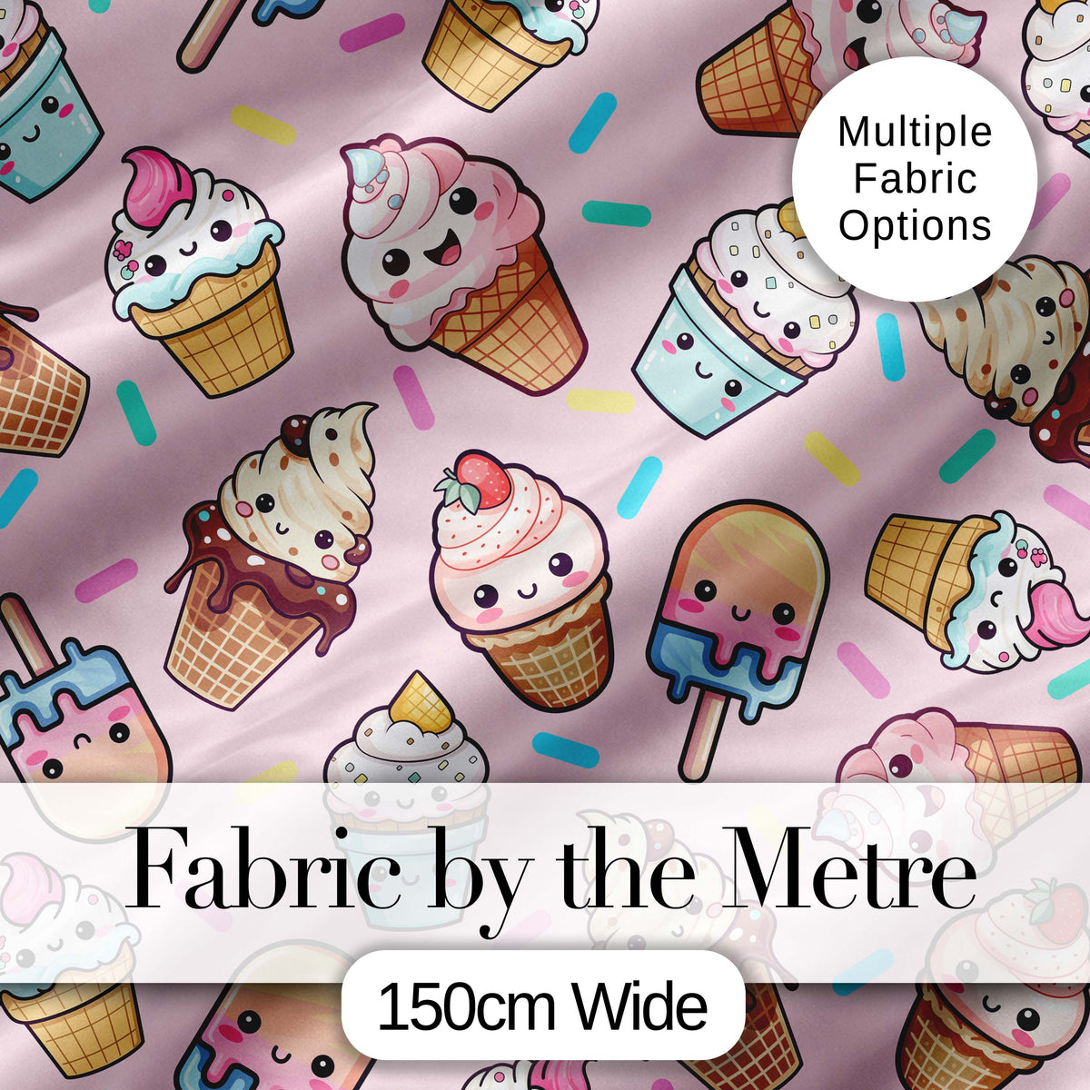 Cute Kawaii Ice Cream Desserts on Pink Background Seamless Pattern Digital Print Fabric by the Metre UK Sewing Quilting Textile
