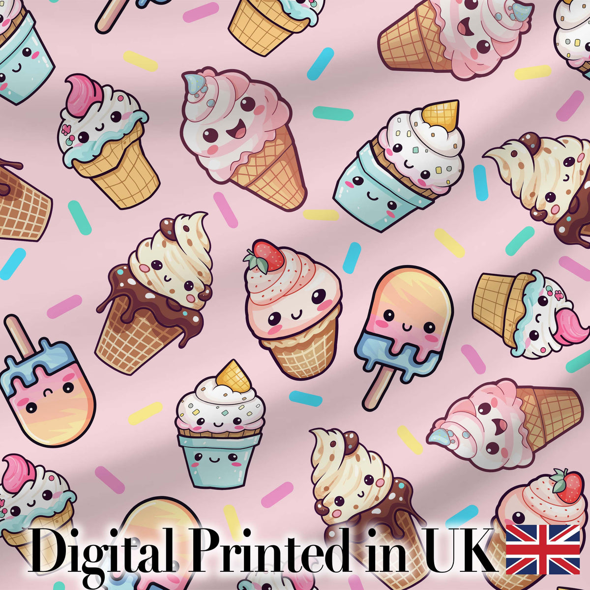 Cute Kawaii Ice Cream Desserts on Pink Background Seamless Pattern Digital Print Fabric by the Metre UK Sewing Quilting Textile