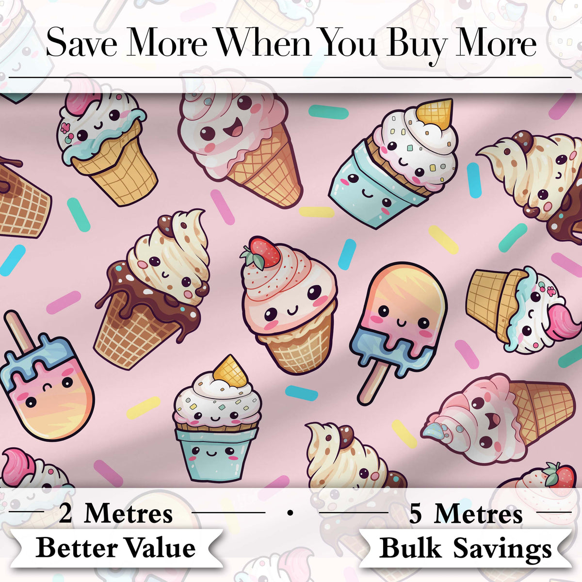 Cute Kawaii Ice Cream Desserts on Pink Background Seamless Pattern Digital Print Fabric by the Metre UK Sewing Quilting Textile