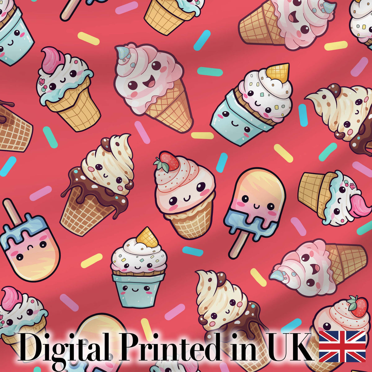 Cute Kawaii Ice Cream Desserts on Red Background Seamless Pattern Digital Print Fabric by the Metre UK Sewing Quilting Textile