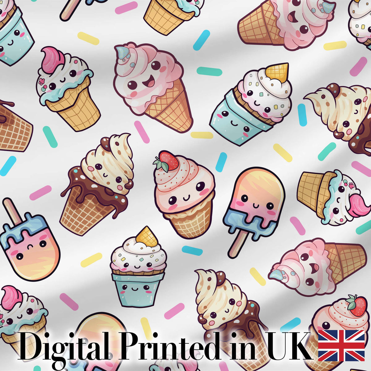 Cute Kawaii Ice Cream Desserts on Grey Background Seamless Pattern Digital Print Fabric by the Metre UK Sewing Quilting Textile