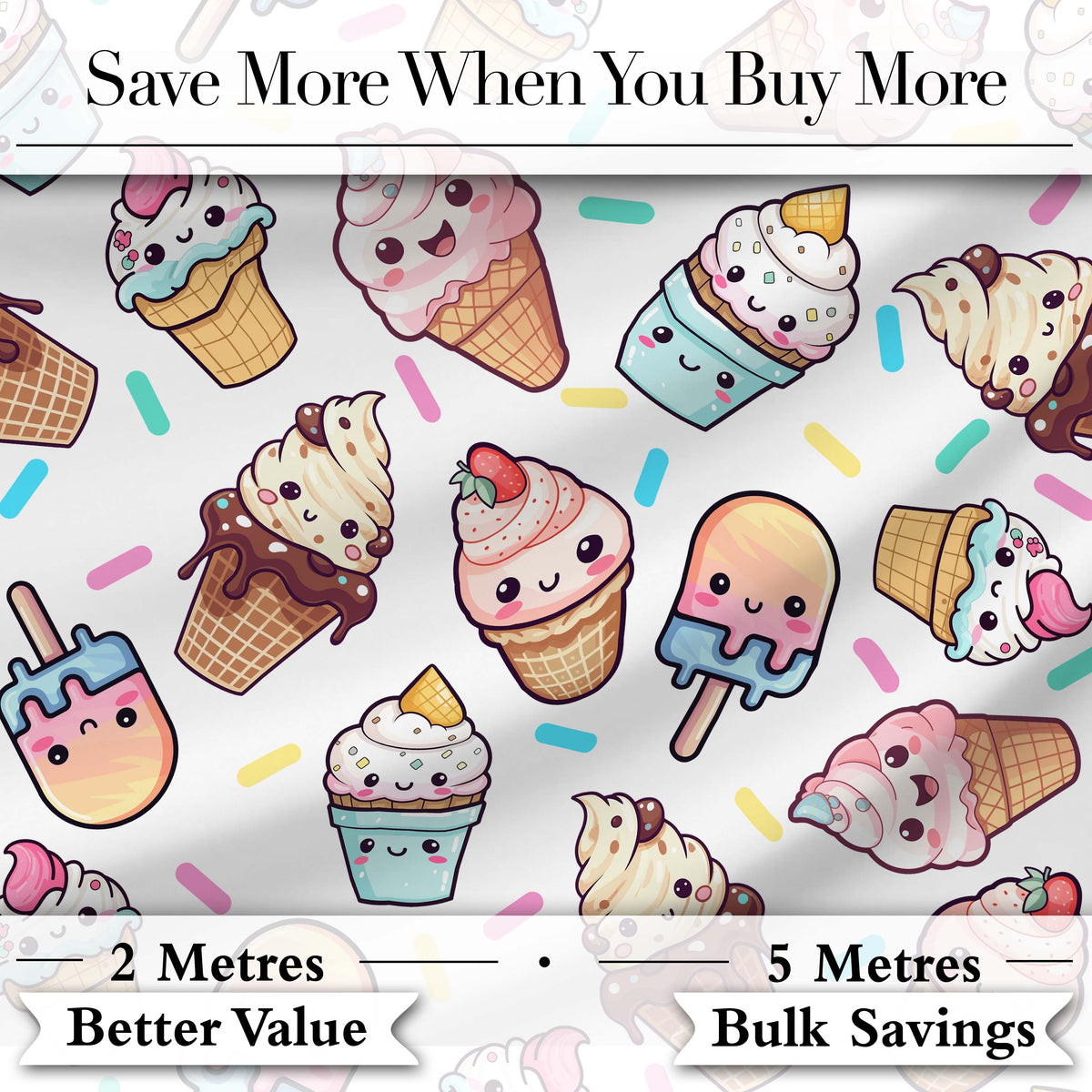 Cute Kawaii Ice Cream Desserts on Grey Background Seamless Pattern Digital Print Fabric by the Metre UK Sewing Quilting Textile