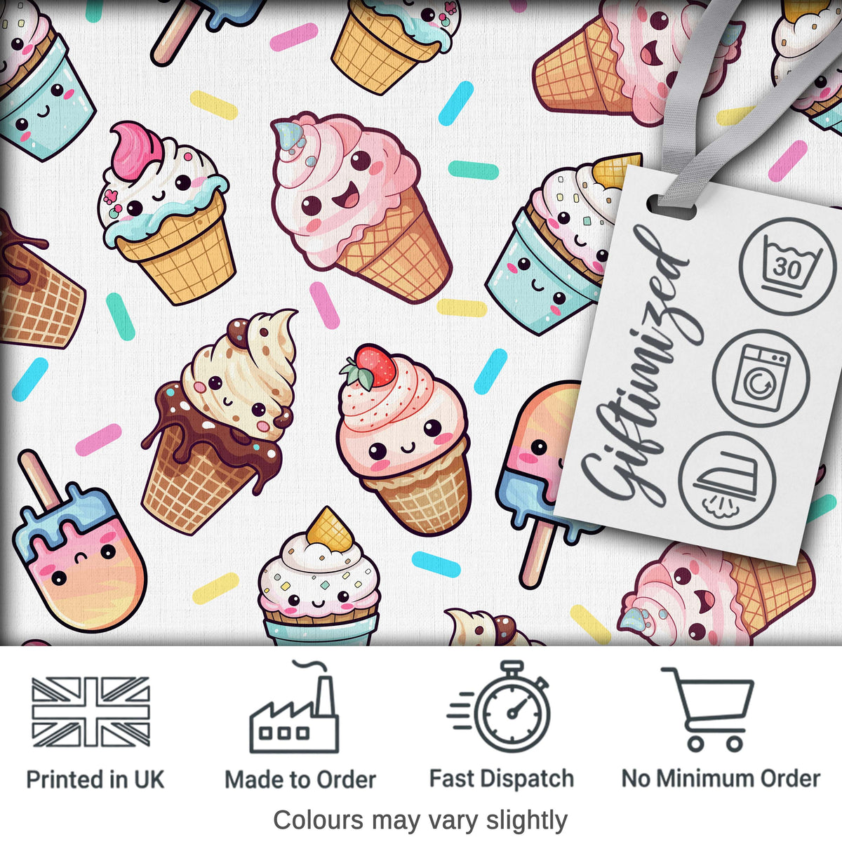 Cute Kawaii Ice Cream Desserts on Grey Background Seamless Pattern Digital Print Fabric by the Metre UK Sewing Quilting Textile
