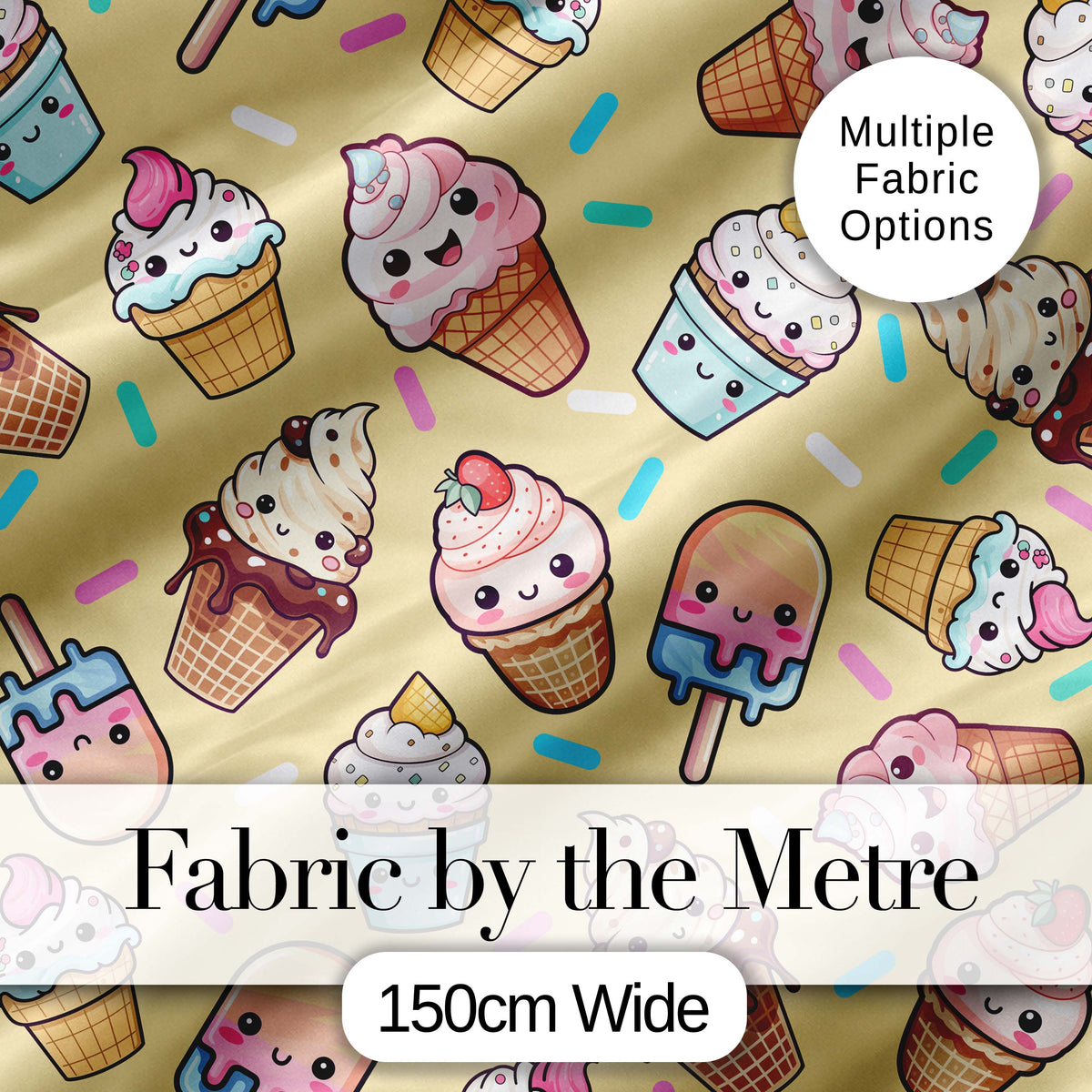 Cute Kawaii Ice Cream Desserts on Yellow Background Seamless Pattern Digital Print Fabric by the Metre UK Sewing Quilting Textile