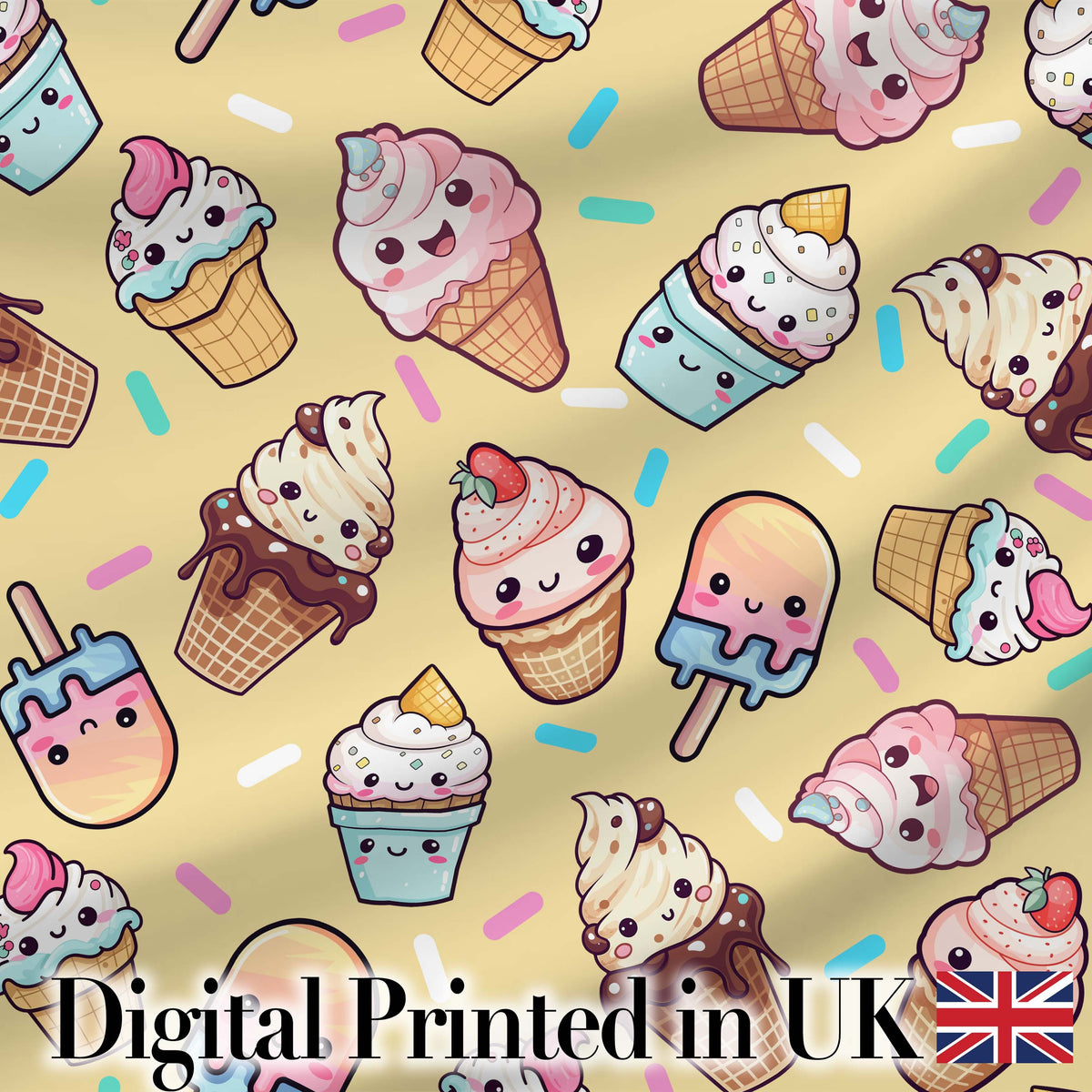 Cute Kawaii Ice Cream Desserts on Yellow Background Seamless Pattern Digital Print Fabric by the Metre UK Sewing Quilting Textile