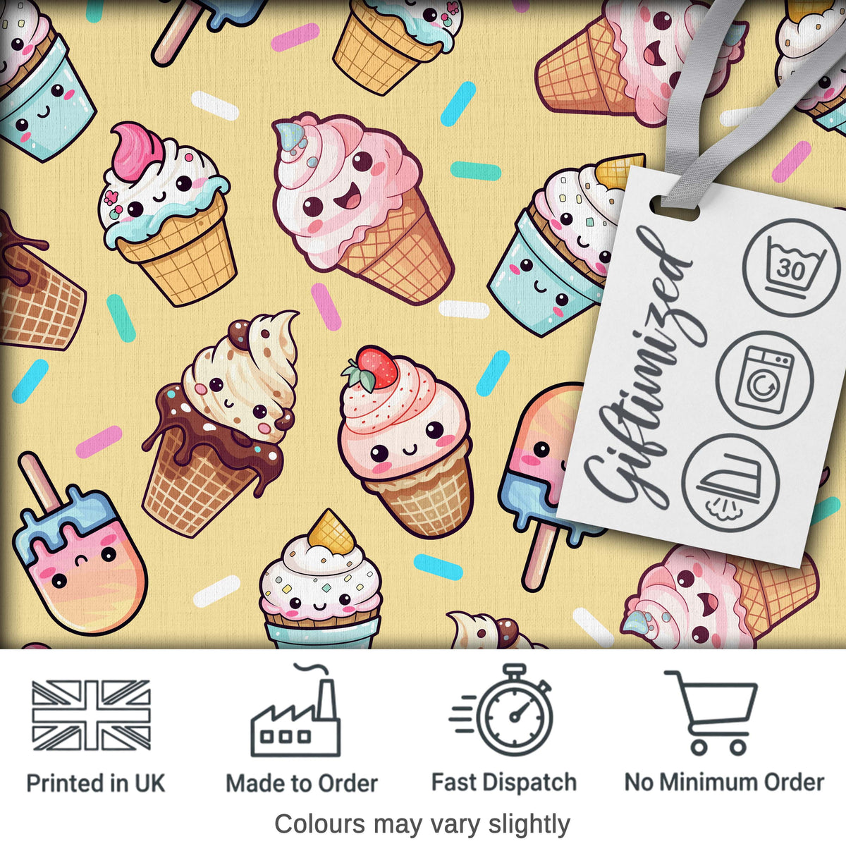 Cute Kawaii Ice Cream Desserts on Yellow Background Seamless Pattern Digital Print Fabric by the Metre UK Sewing Quilting Textile