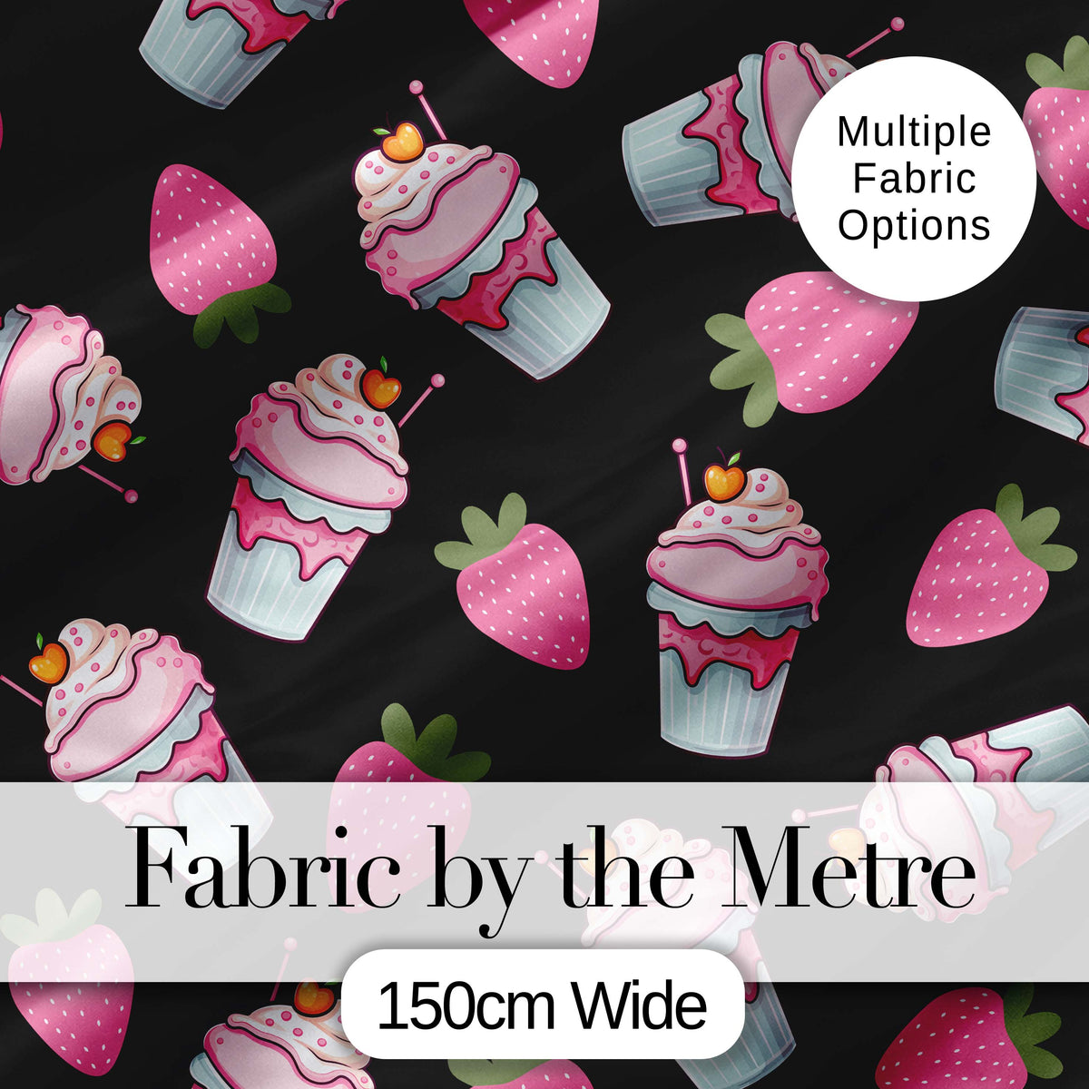 Cute Strawberry Cupcakes with Pink Frosting Black Background Seamless Pattern Digital Print Fabric by the Metre UK Sewing Quilting Textile