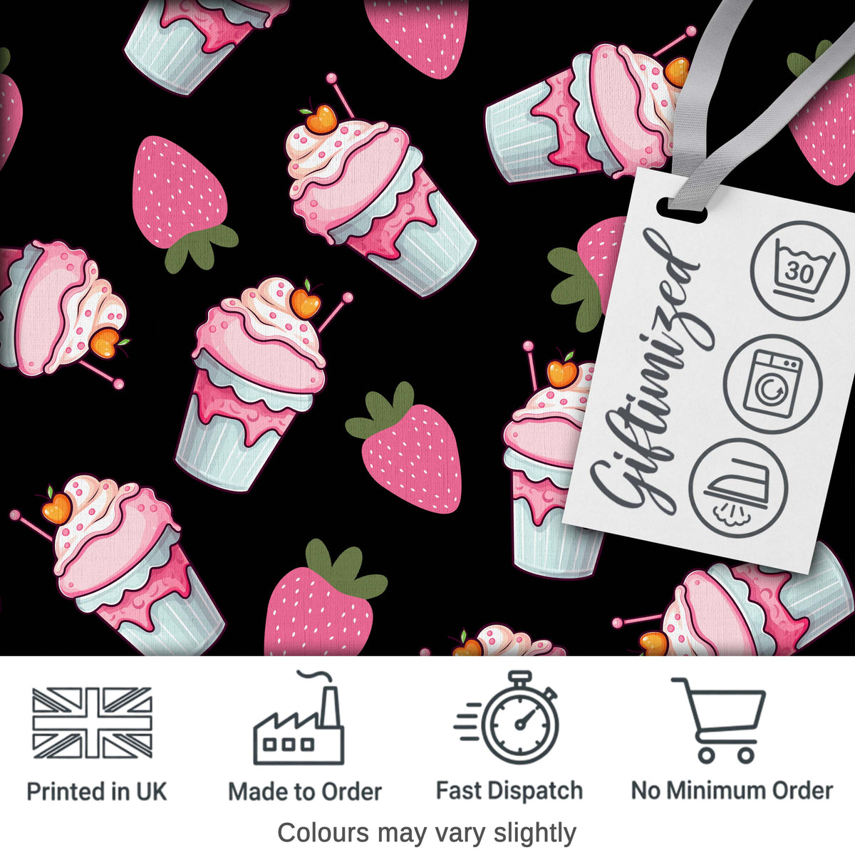 Cute Strawberry Cupcakes with Pink Frosting Black Background Seamless Pattern Digital Print Fabric by the Metre UK Sewing Quilting Textile