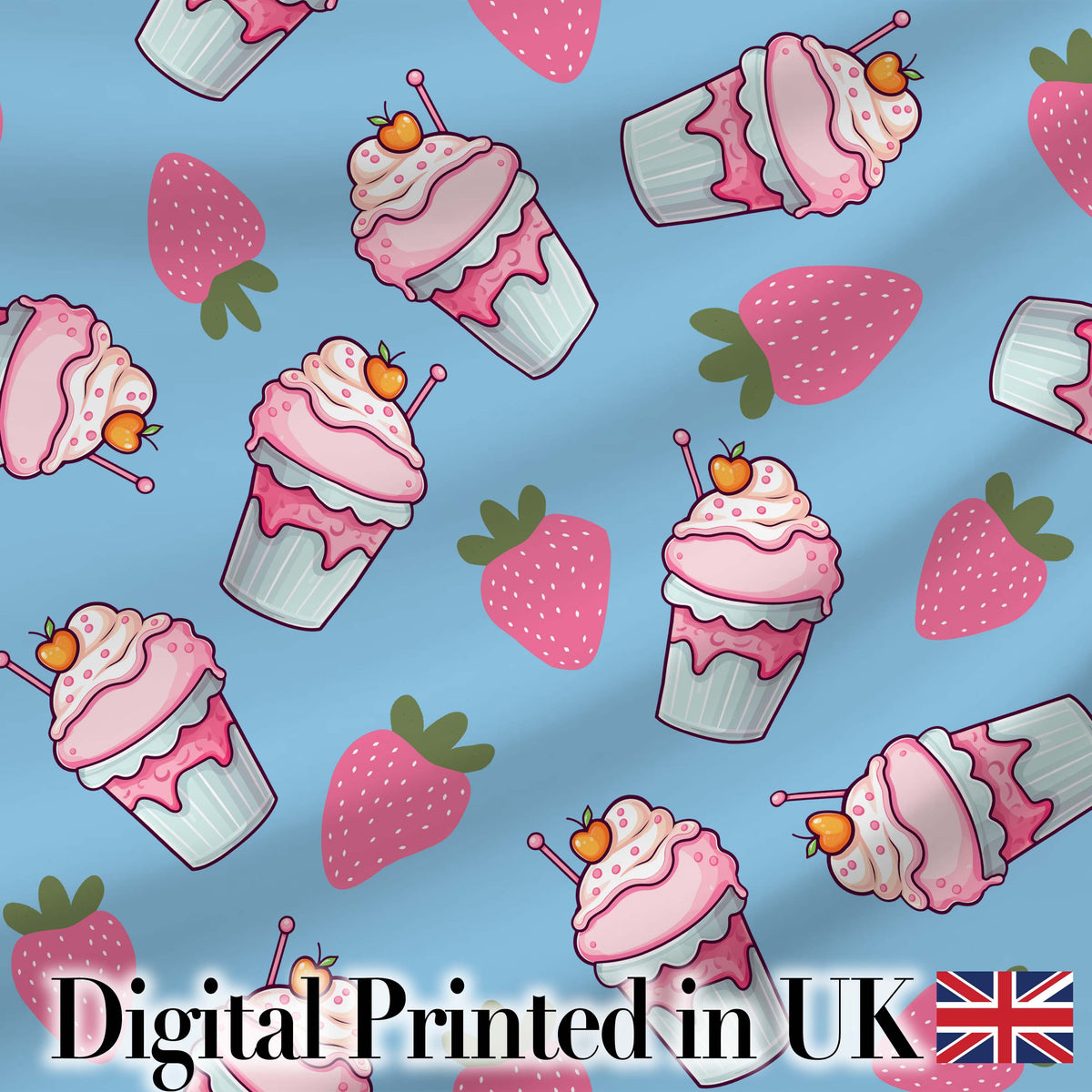 Cute Strawberry Cupcakes with Pink Frosting Blue Background Seamless Pattern Digital Print Fabric by the Metre UK Sewing Quilting Textile