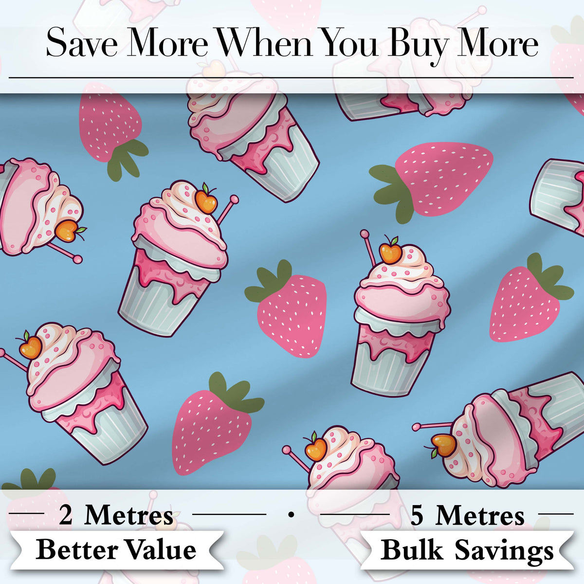 Cute Strawberry Cupcakes with Pink Frosting Blue Background Seamless Pattern Digital Print Fabric by the Metre UK Sewing Quilting Textile