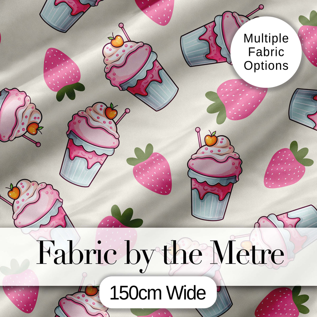 Cute Strawberry Cupcakes and Sweet Treats on Cream Background Seamless Pattern Digital Print Fabric by the Metre UK Sewing Quilting Textile