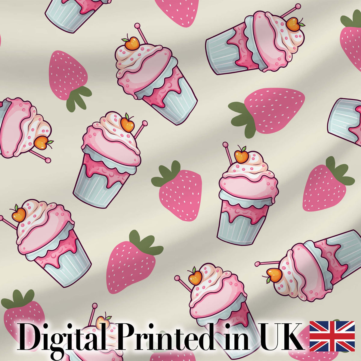 Cute Strawberry Cupcakes and Sweet Treats on Cream Background Seamless Pattern Digital Print Fabric by the Metre UK Sewing Quilting Textile