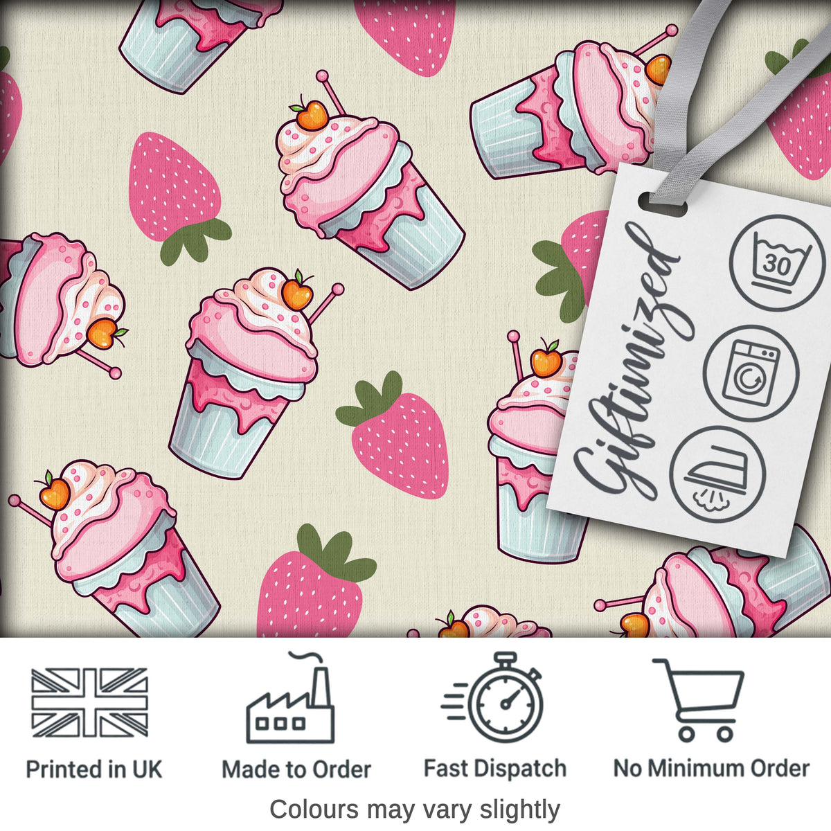 Cute Strawberry Cupcakes and Sweet Treats on Cream Background Seamless Pattern Digital Print Fabric by the Metre UK Sewing Quilting Textile