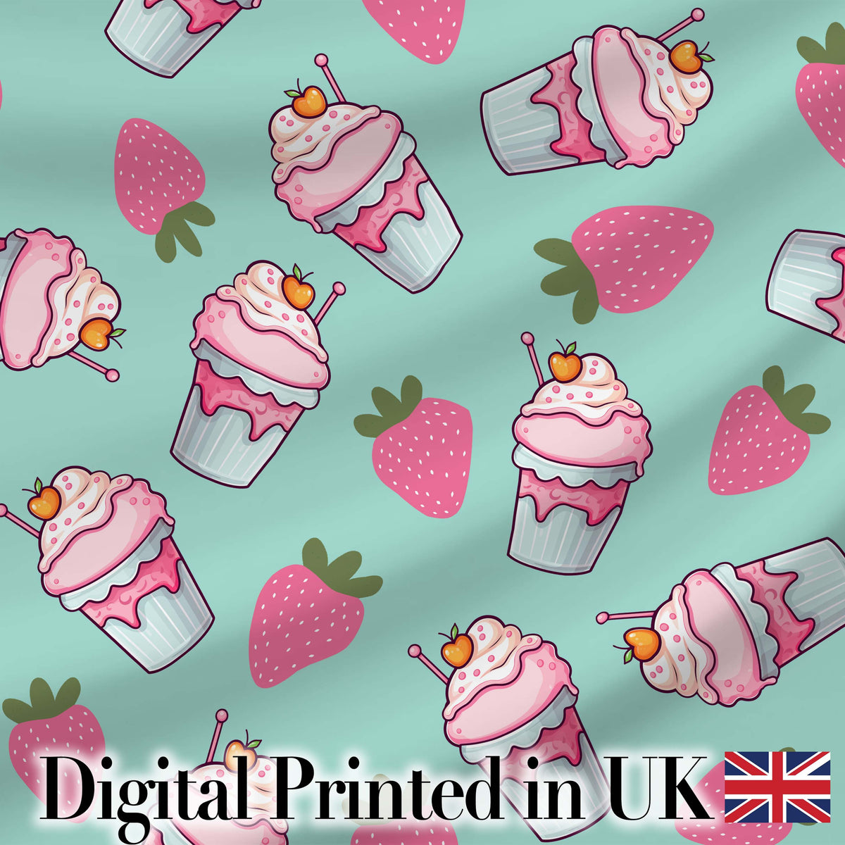 Cute Strawberry Cupcakes and Sweet Treats on Mint Background Seamless Pattern Digital Print Fabric by the Metre UK Sewing Quilting Textile