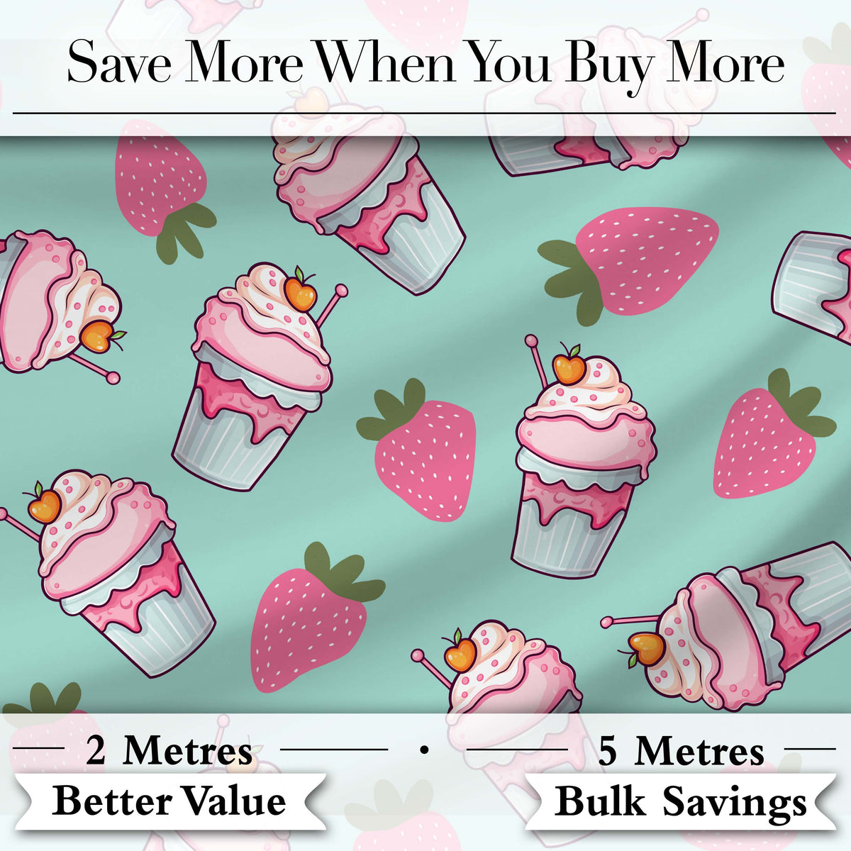 Cute Strawberry Cupcakes and Sweet Treats on Mint Background Seamless Pattern Digital Print Fabric by the Metre UK Sewing Quilting Textile