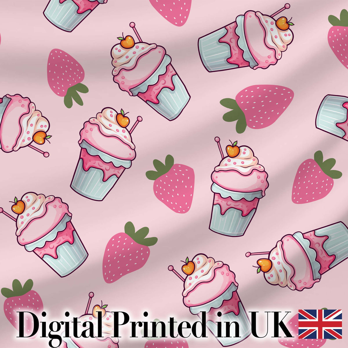 Strawberry Cupcakes and Sweet Treats on Blush Pink Background Seamless Pattern Digital Print Fabric by the Metre UK Sewing Quilting Textile