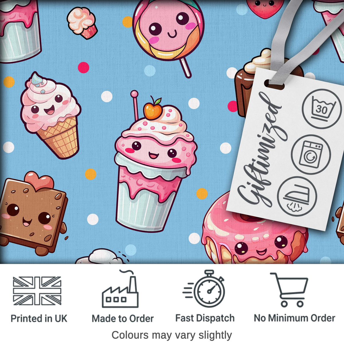 Kawaii Desserts and Donuts with Strawberry on Blue Background Seamless Pattern Digital Print Fabric by the Metre UK Sewing Quilting Textile