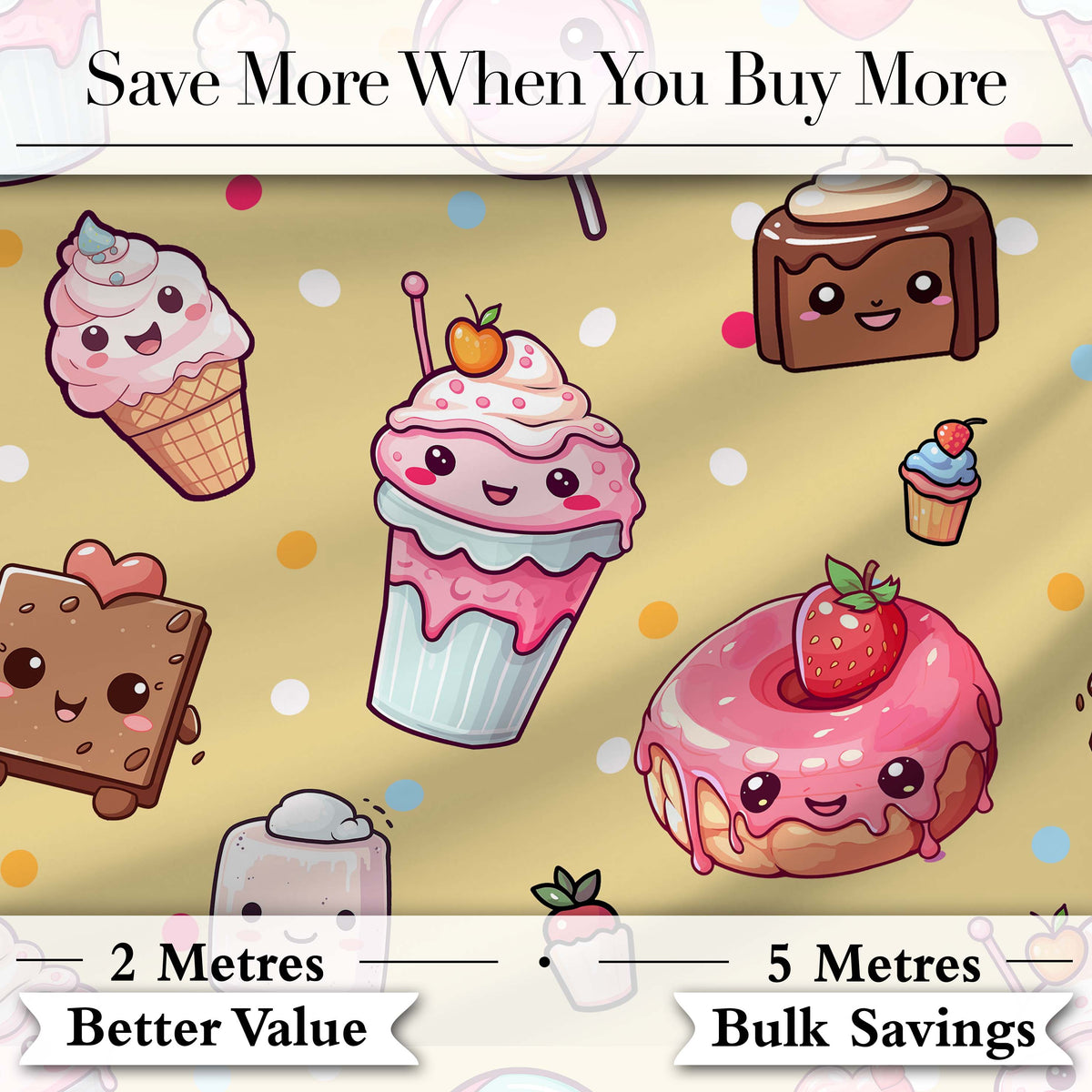 Desserts Cupcakes Donuts and Sweets on Soft Yellow Background Seamless Pattern Digital Print Fabric by the Metre UK Sewing Quilting Textile