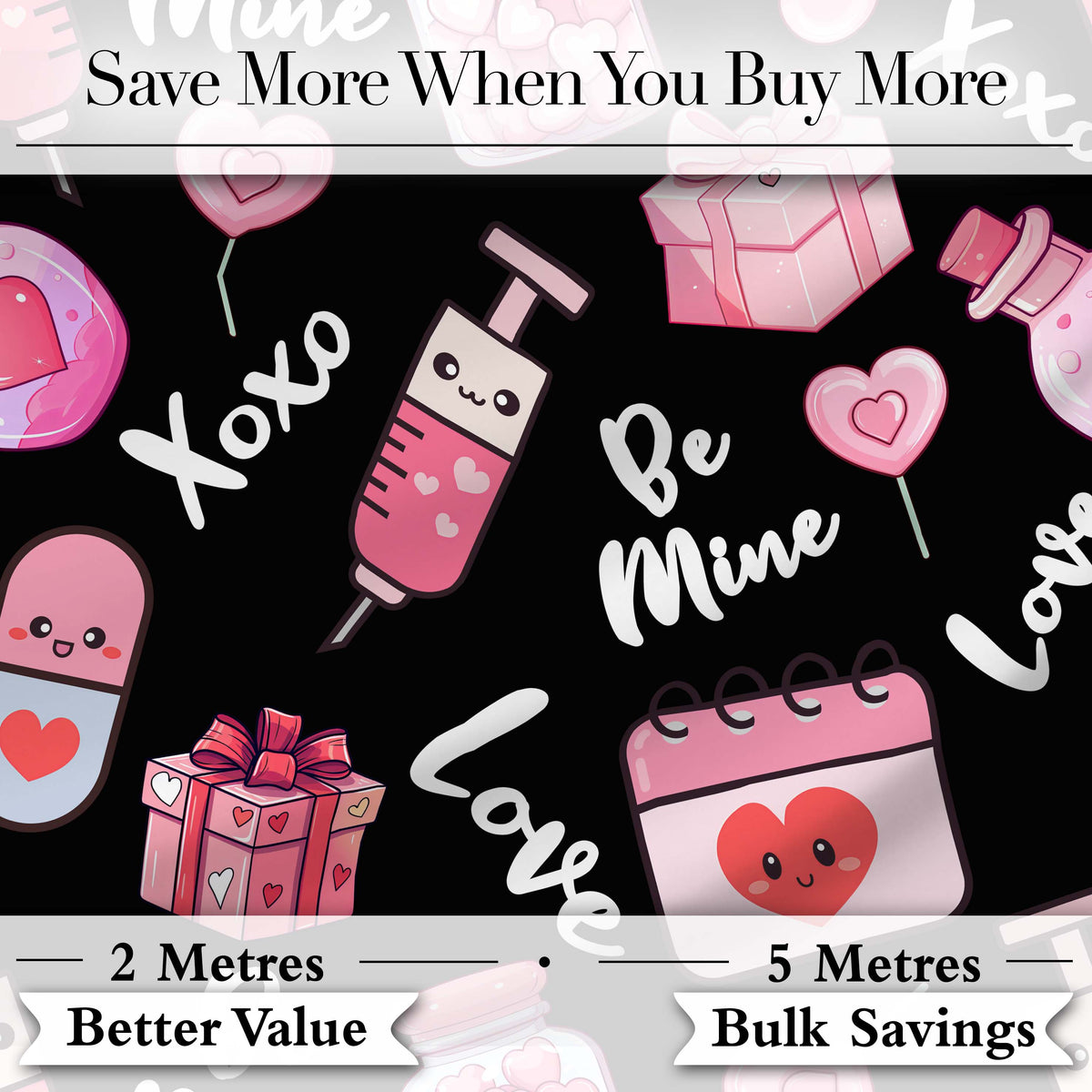 Valentines Love Hearts Gifts Syringe Candy Black Background Seamless Pattern Digital Print Fabric by the Metre UK Sewing Quilting Textile