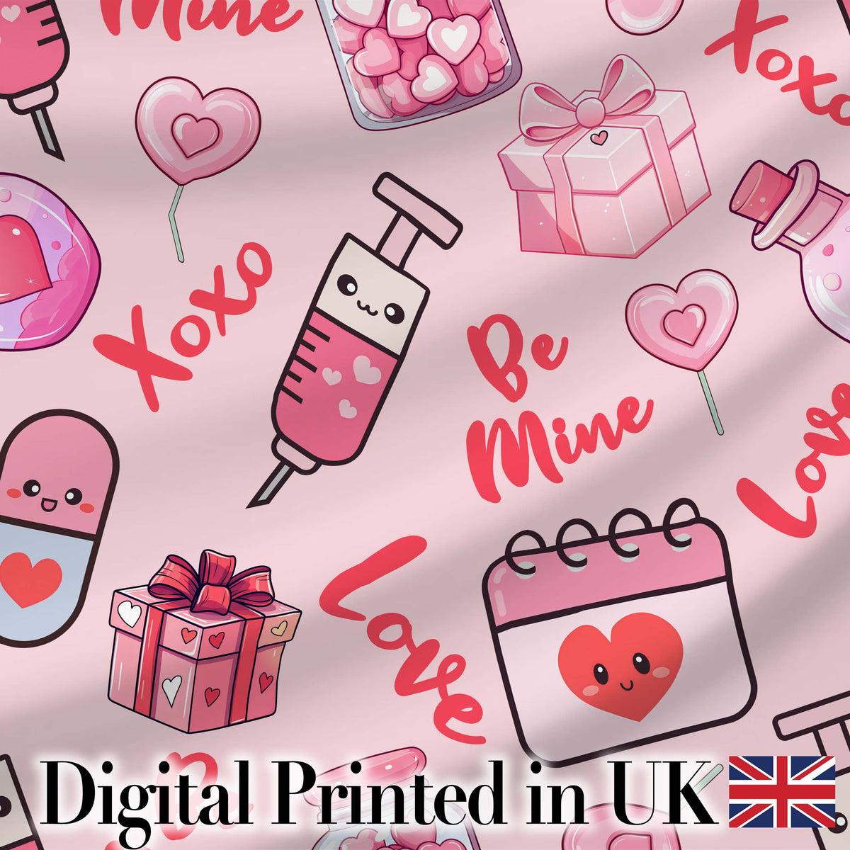 Valentines Love Hearts Gifts Syringe Candy Pink Background Seamless Pattern Digital Print Fabric by the Metre UK Sewing Quilting Textile