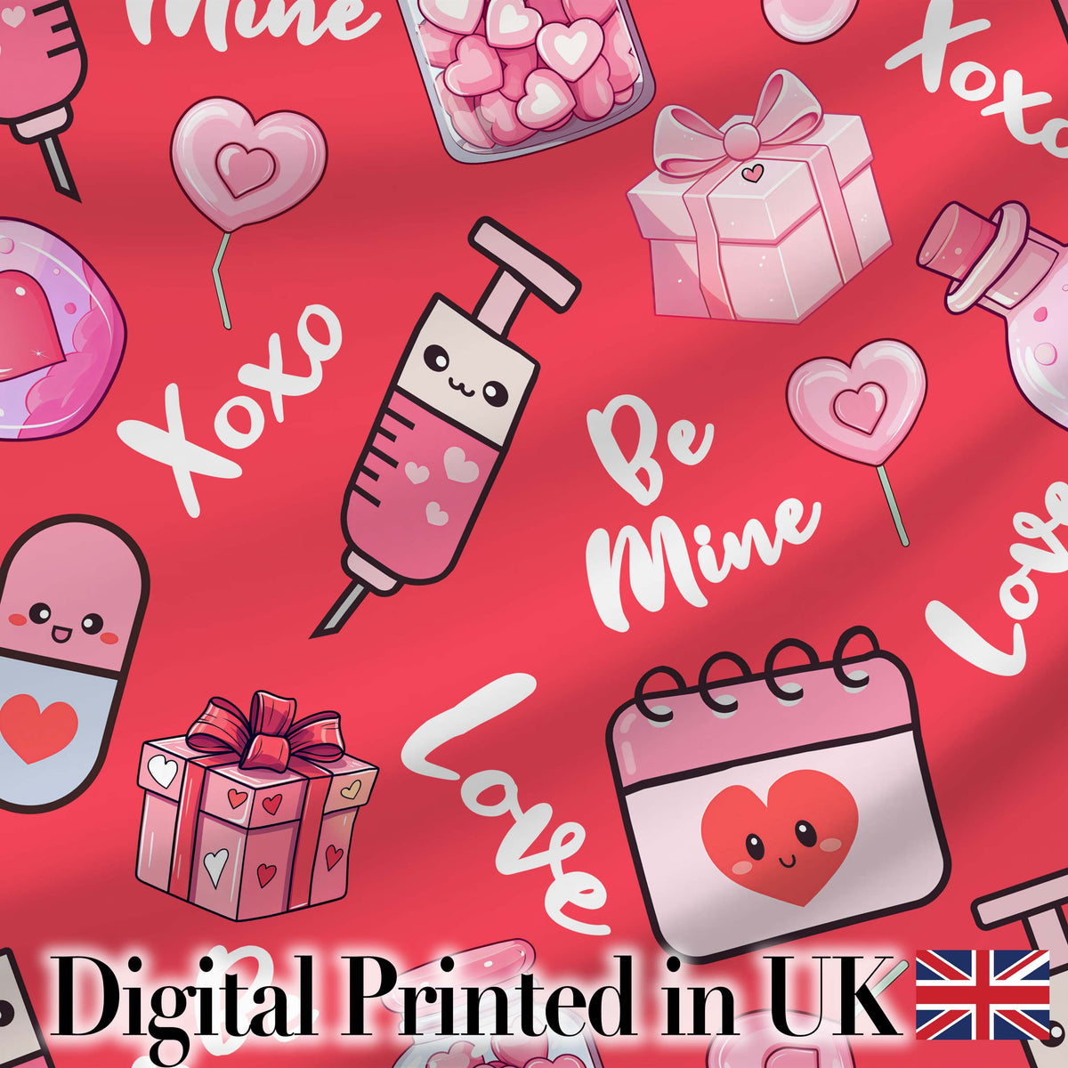 Valentines Love Hearts Gifts Candy Syringe Red Background Seamless Pattern Digital Print Fabric by the Metre UK Sewing Quilting Textile