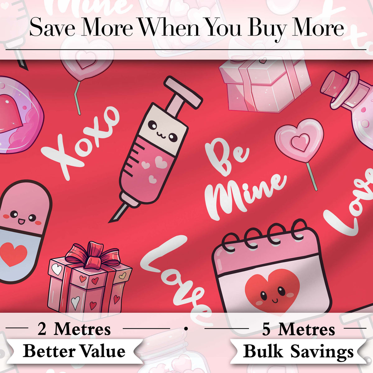 Valentines Love Hearts Gifts Candy Syringe Red Background Seamless Pattern Digital Print Fabric by the Metre UK Sewing Quilting Textile