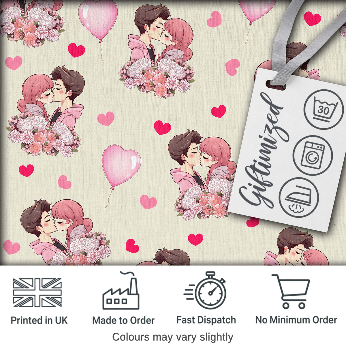 Valentines Love Couple Kissing Floral Hearts Beige Background Seamless Pattern Digital Print Fabric by the Metre UK Sewing Quilting Textile