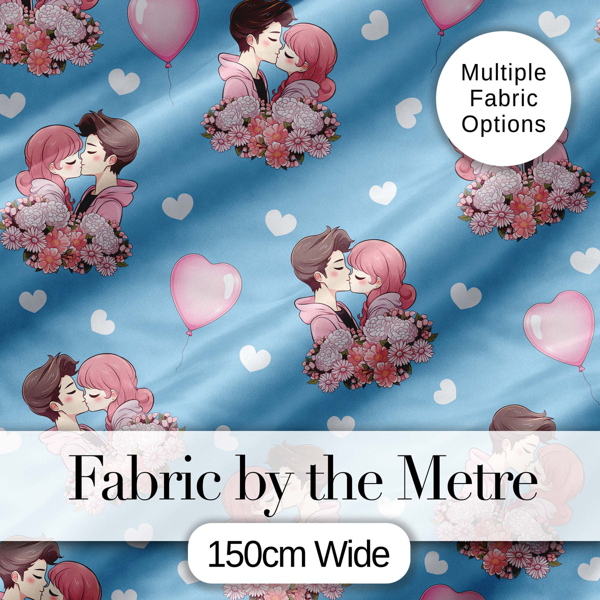Valentines Love Couple Kissing Floral Hearts Blue Background Seamless Pattern Digital Print Fabric by the Metre UK Sewing Quilting Textile