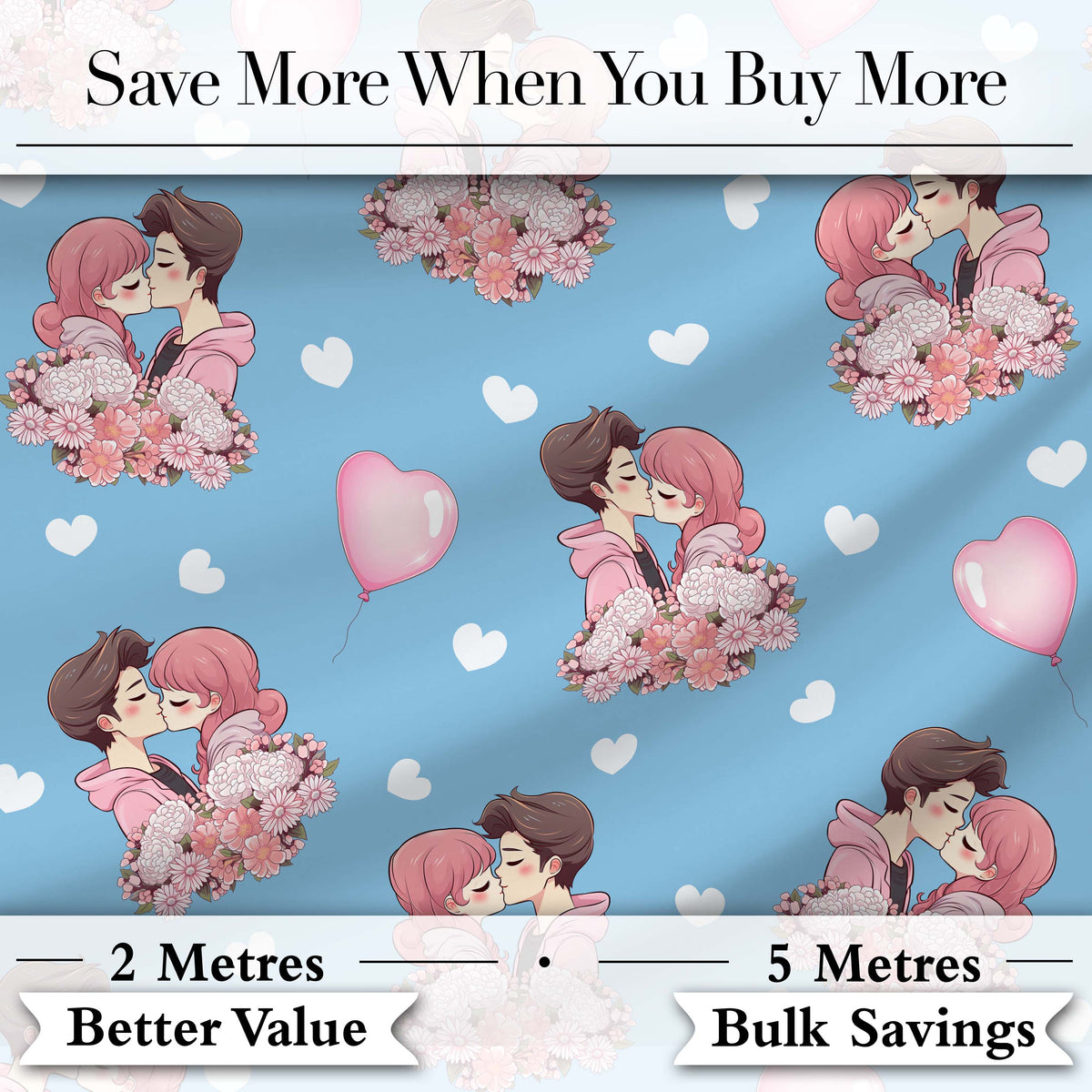 Valentines Love Couple Kissing Floral Hearts Blue Background Seamless Pattern Digital Print Fabric by the Metre UK Sewing Quilting Textile