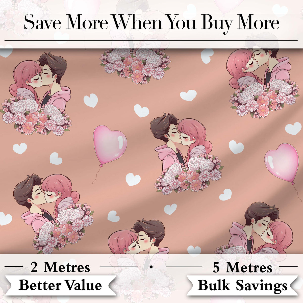 Valentines Love Couple Kissing Floral Hearts Brown Background Seamless Pattern Digital Print Fabric by the Metre UK Sewing Quilting Textile