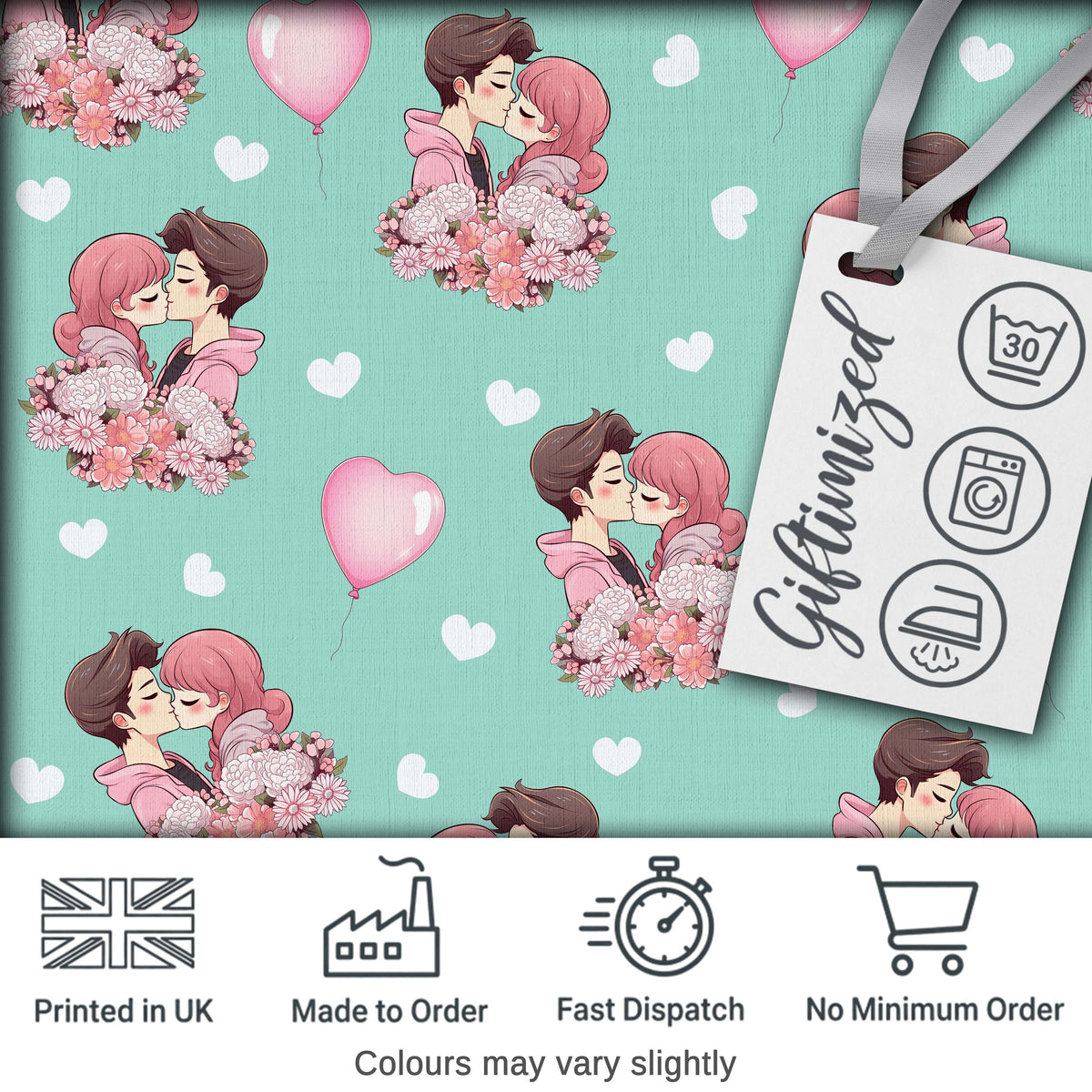 Valentines Love Couple Kissing Floral Hearts Green Background Seamless Pattern Digital Print Fabric by the Metre UK Sewing Quilting Textile