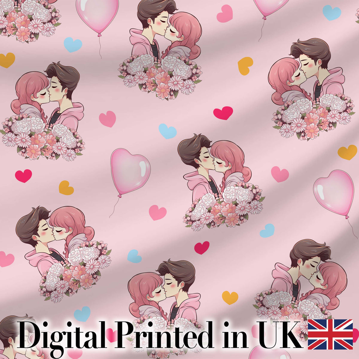 Cute Valentines Couple Kissing Floral Hearts Balloon Pink Background Seamless Pattern Digital Print Fabric by the Metre UK
