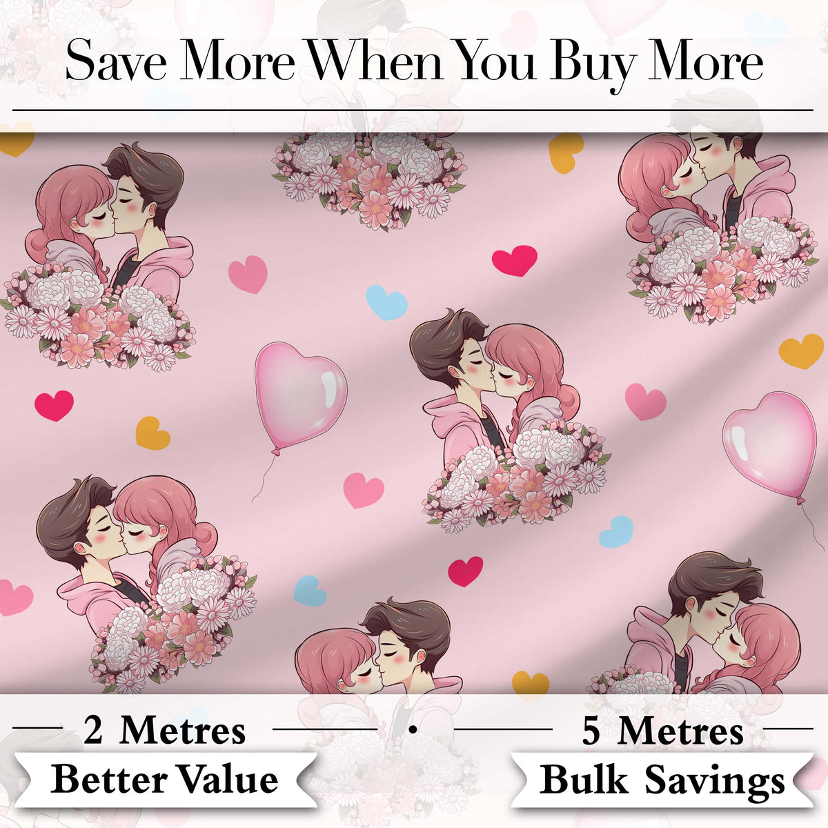 Cute Valentines Couple Kissing Floral Hearts Balloon Pink Background Seamless Pattern Digital Print Fabric by the Metre UK