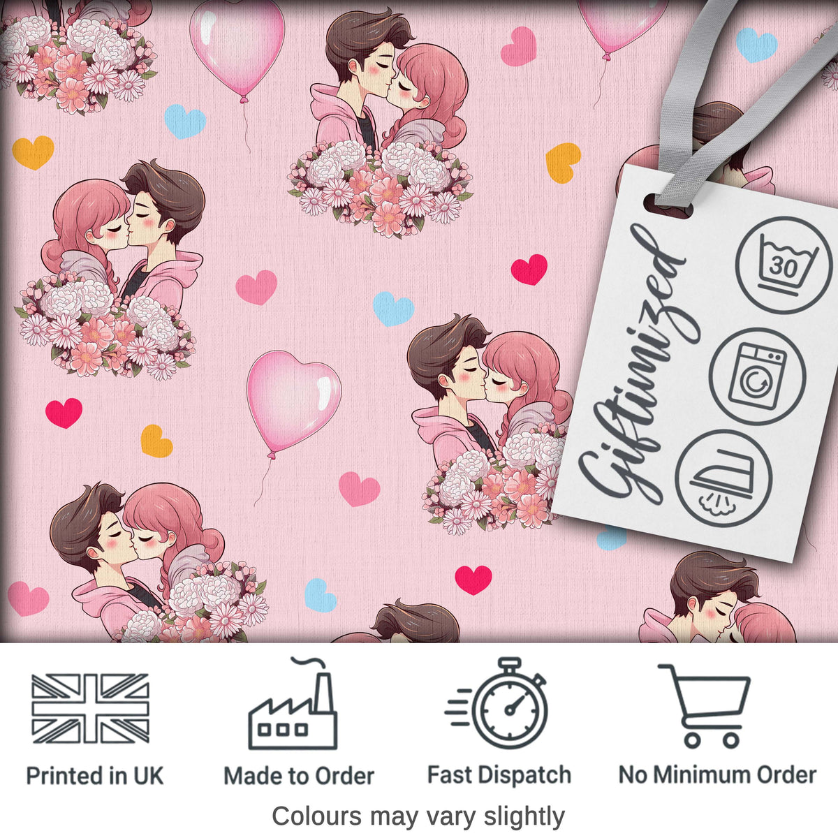 Cute Valentines Couple Kissing Floral Hearts Balloon Pink Background Seamless Pattern Digital Print Fabric by the Metre UK