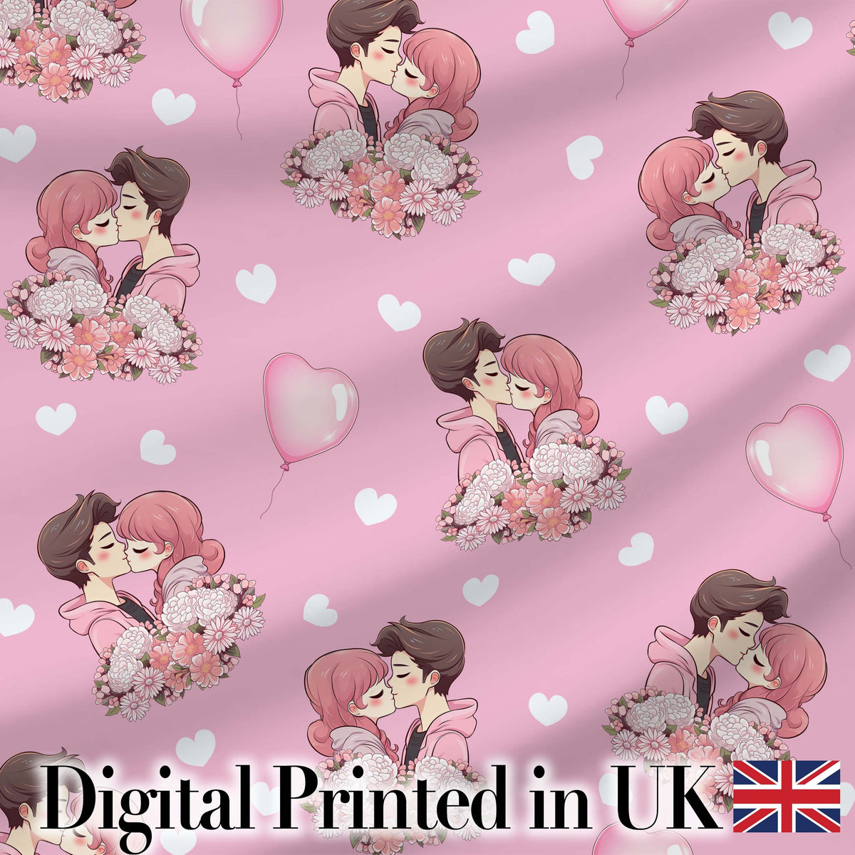 Cute Valentines Couple Kissing Floral Hearts Balloon Soft Pink Background Seamless Pattern Digital Print Fabric by the Metre UK