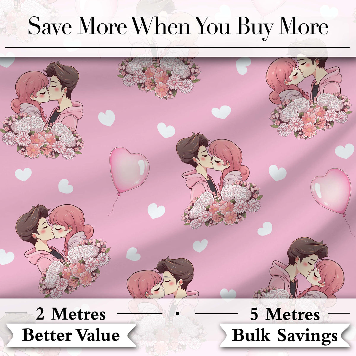 Cute Valentines Couple Kissing Floral Hearts Balloon Soft Pink Background Seamless Pattern Digital Print Fabric by the Metre UK